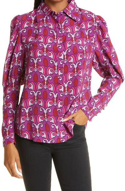 Nicole Miller Juliet Sleeve Button-up Blouse In Red/ Multicolor