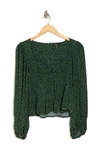 Afrm Soni Ruched Balloon Sleeve Crop Top In Green Animal