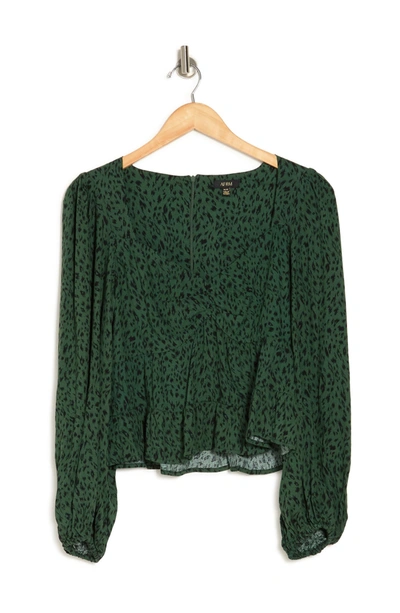 Afrm Soni Ruched Balloon Sleeve Crop Top In Green Animal