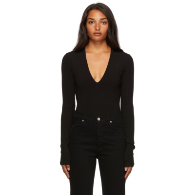 Goldsign Ribbed V-neck Long-sleeve Bodysuit In Black