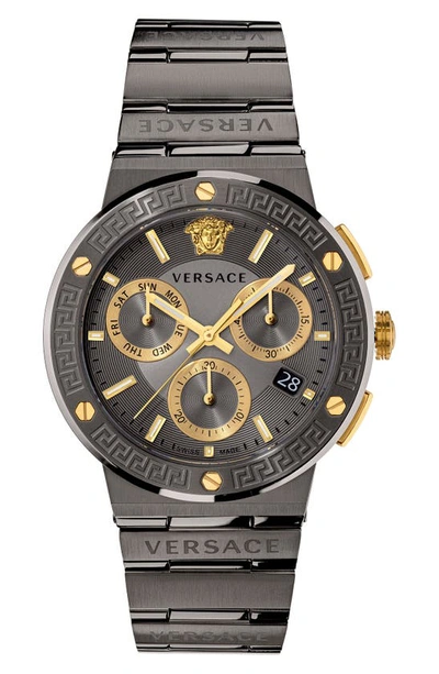 Versace Greca Logo Chrono Ip Gunmetal Chronograph Bracelet Watch In Grey