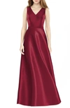 Alfred Sung V-neck Satin Twill A-line Gown In Burgundy