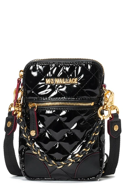 Mz Wallace Patent Quilted Micro Crossbody Bag In Black Lacquer Crosby/gold