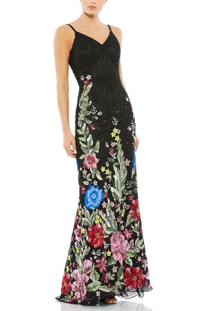 Mac Duggal Floral Beaded V-neck Column Gown In Black Multi