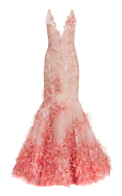 Marchesa Feather Embroidered Trumpet Gown In Pink