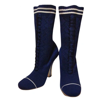 Pre-owned Fendi Colibri Cloth Ankle Boots In Navy