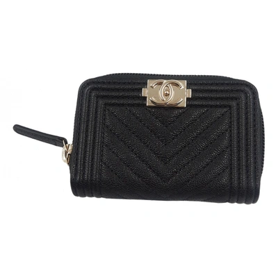 Pre-owned Chanel Boy Leather Card Wallet In Black