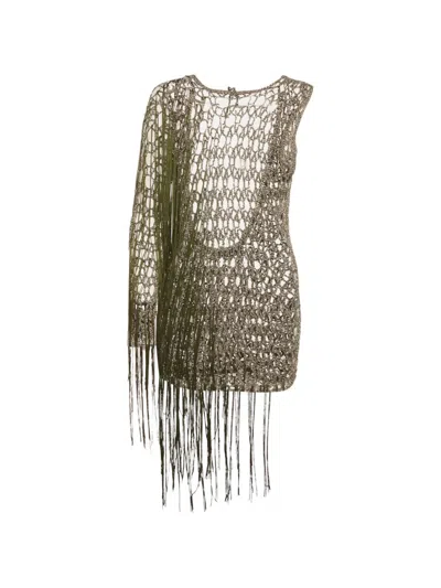 Pre-owned 424 Asymmetric-sleeve Fringed Top In Green