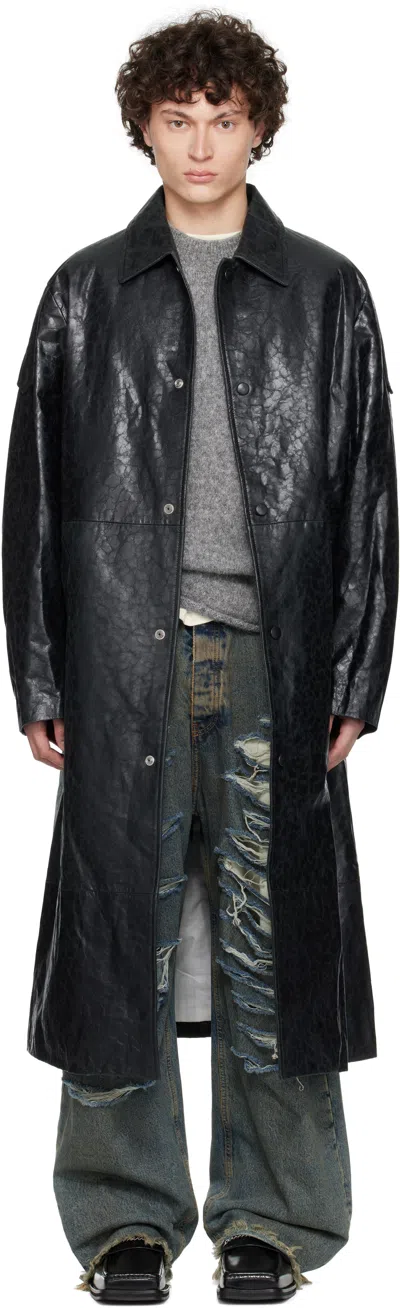 424 Black Light Trench Leather Coat