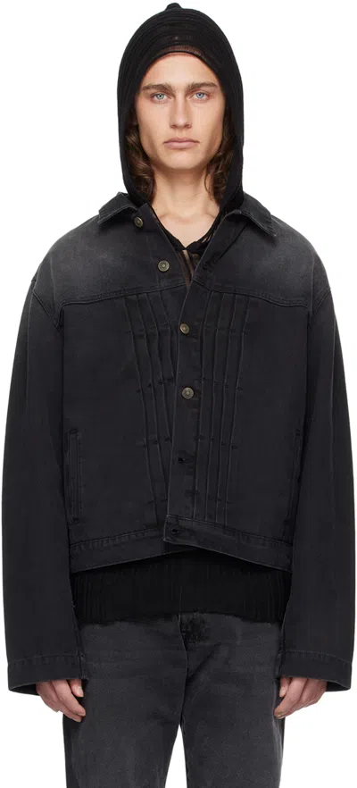424 Black Pleated Denim Jacket