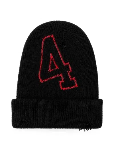 424 Embroidered Distressed Beanie Hat In Black