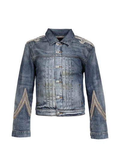 424 Embroidered Pleated Denim Jacket In Blue