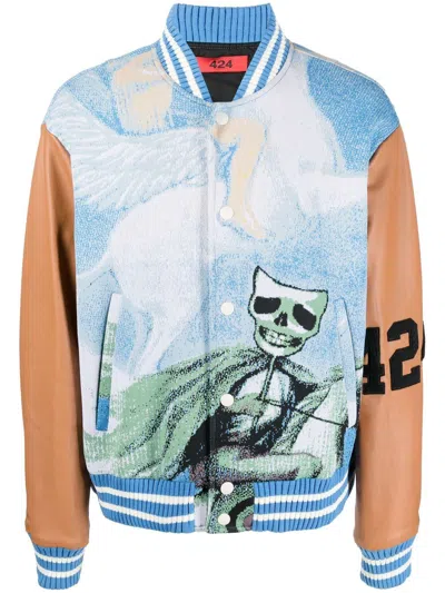 424 Jacquard-print Leather-sleeve Bomber Jacket In Blue