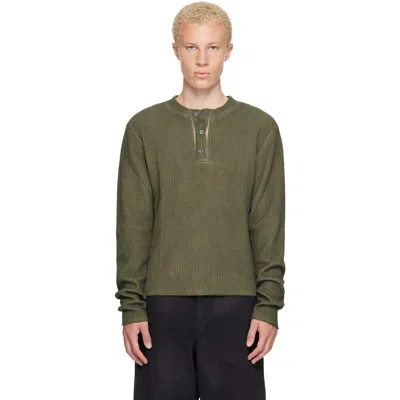 424 Khaki Long-sleeve Thermal Jersey Henley In Green
