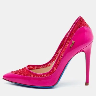Pre-owned 424 Loriblu Size 35 Bright Pink Lace And Patent Leather Pointed Toe Pumps