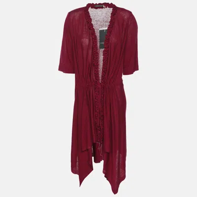 424 Marina Rinaldi Burgundy Stretch Knit Ruffle Edge Drawstring Cardigan In White
