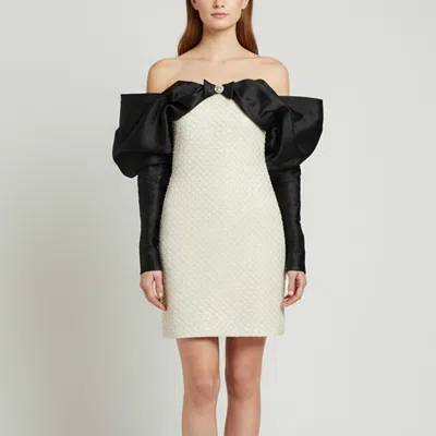 Pre-owned 424 Nafsika Skourti Black/light Beige Satin And Knit Crystal Embellished Opera Off The Shoulder Mini Dre In Sand