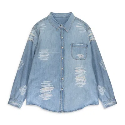 424 On Fairfax Distressed Denim Shirt Light In Blue