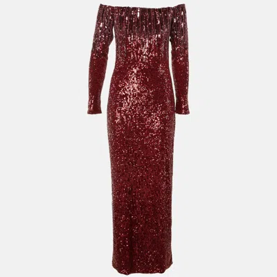 Pre-owned 424 Pamella Roland Dark Red Sequinned Off-the-shoulder Long Dress S
