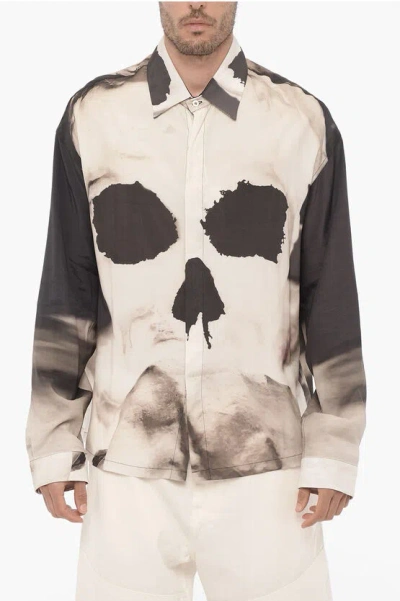 424 Shirt With Printed Skull And Hidden Buttoning In Neutral