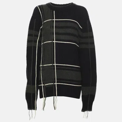 Pre-owned 424 Tory Burch Navy Blue/grey Plaid Rib Knit Fringes Sweater Xl In Green