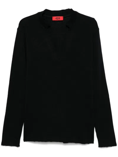 424 V-neck Cotton T-shirt With Raw-cut Edges In Black