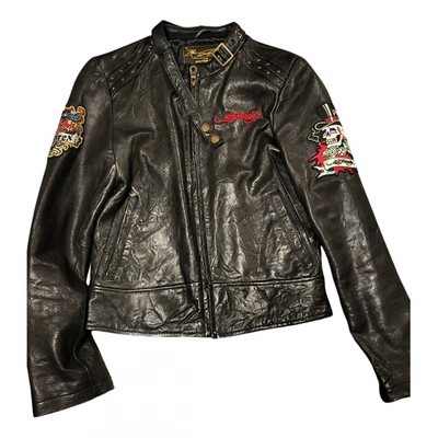 Pre-owned Ed Hardy Leather Biker Jacket In Black