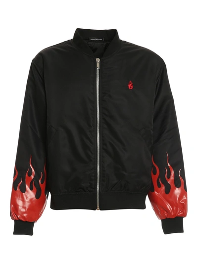 Vision Of Super Black Nylon Bomber With Red Flames