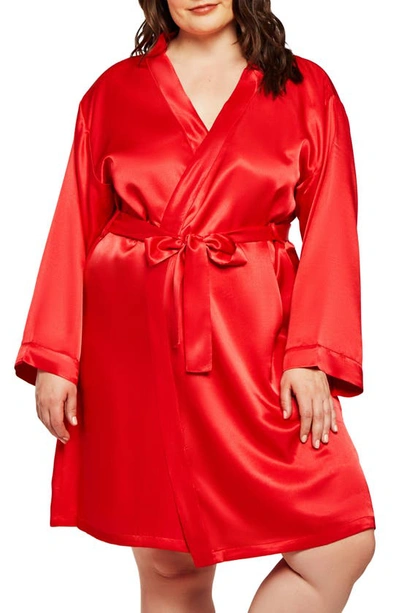 Icollection Long Sleeve Satin Robe In Red