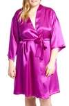 Icollection Long Sleeve Satin Robe In Purple