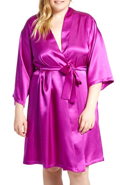 Icollection Long Sleeve Satin Dressing Gown In Purple