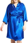 Icollection Long Sleeve Satin Robe In Royal-blue