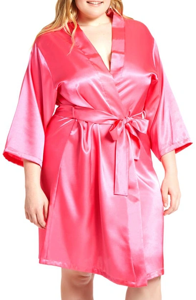 Icollection Long Sleeve Satin Robe In Fuchsia