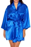 Icollection Satin Robe In Royal-blue