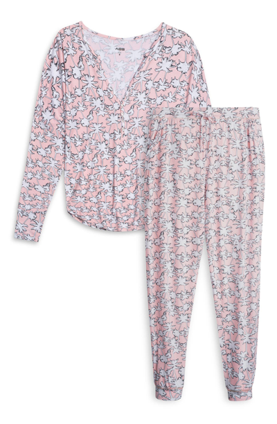 Aqs Long Sleeve Henley & Joggers 2-piece Pajama Set In Pink