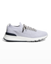 Brunello Cucinelli Men Low-top Cotton Knit And Leather Sneakers In Gray