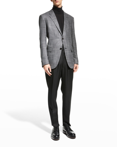 Ermenegildo Zegna Slim-fit Prince Of Wales Checked Cashmere, Silk And Hemp-blend Blazer In Dk Gry Ck