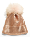 Adrienne Landau Metallic Ribbed Beanie W/ Fox Fur Pompom In Rose Gold