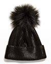 ADRIENNE LANDAU METALLIC RIBBED BEANIE W/ FOX FUR POMPOM,PROD246400142