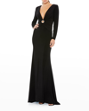 Ieena For Mac Duggal Plunging Long-sleeve Jersey Keyhole Gown In Black