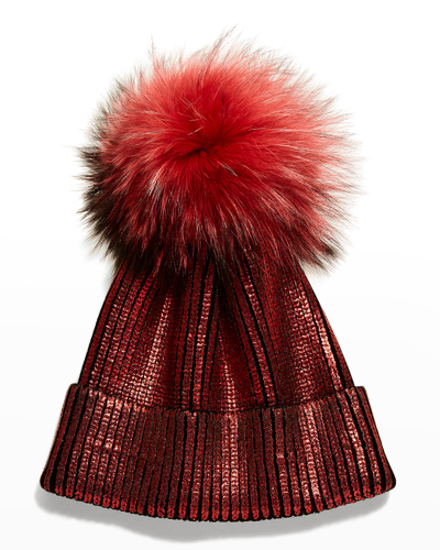 Adrienne Landau Metallic Ribbed Beanie W/ Fox Fur Pompom In Red