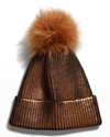 Adrienne Landau Metallic Ribbed Beanie W/ Fox Fur Pompom In Brown