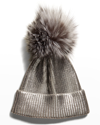 Adrienne Landau Metallic Ribbed Beanie W/ Fox Fur Pompom In Silver