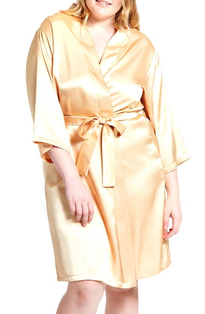Icollection Long Sleeve Satin Robe In Gold