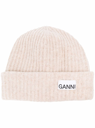 Ganni Logo-patch Ribbed-knit Beanie In Brazilian Sand