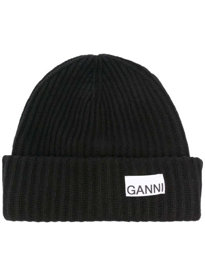Ganni Purple Recycled Wool Hat With Logo In Black