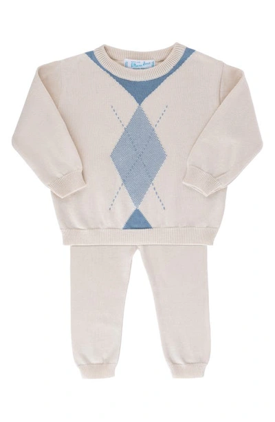 Feltman Brothers Babies' Argyle Cotton Jumper & Trousers Set In Ecru/ Vintage Blue
