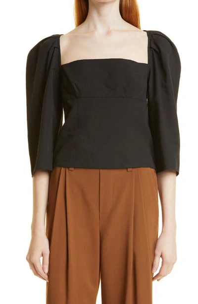 Vince Square Neck Puff Sleeve Cotton Blouse In Black