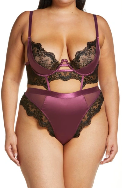 Oh La La Cheri Cadence Strappy Eyelash Lace & Satin Underwire Teddy In Italian Plum