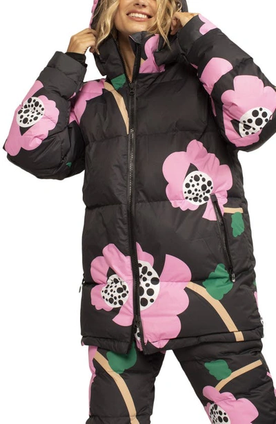 Roxy X Cynthia Rowley Puffer Jacket In True Black Rowley Flower